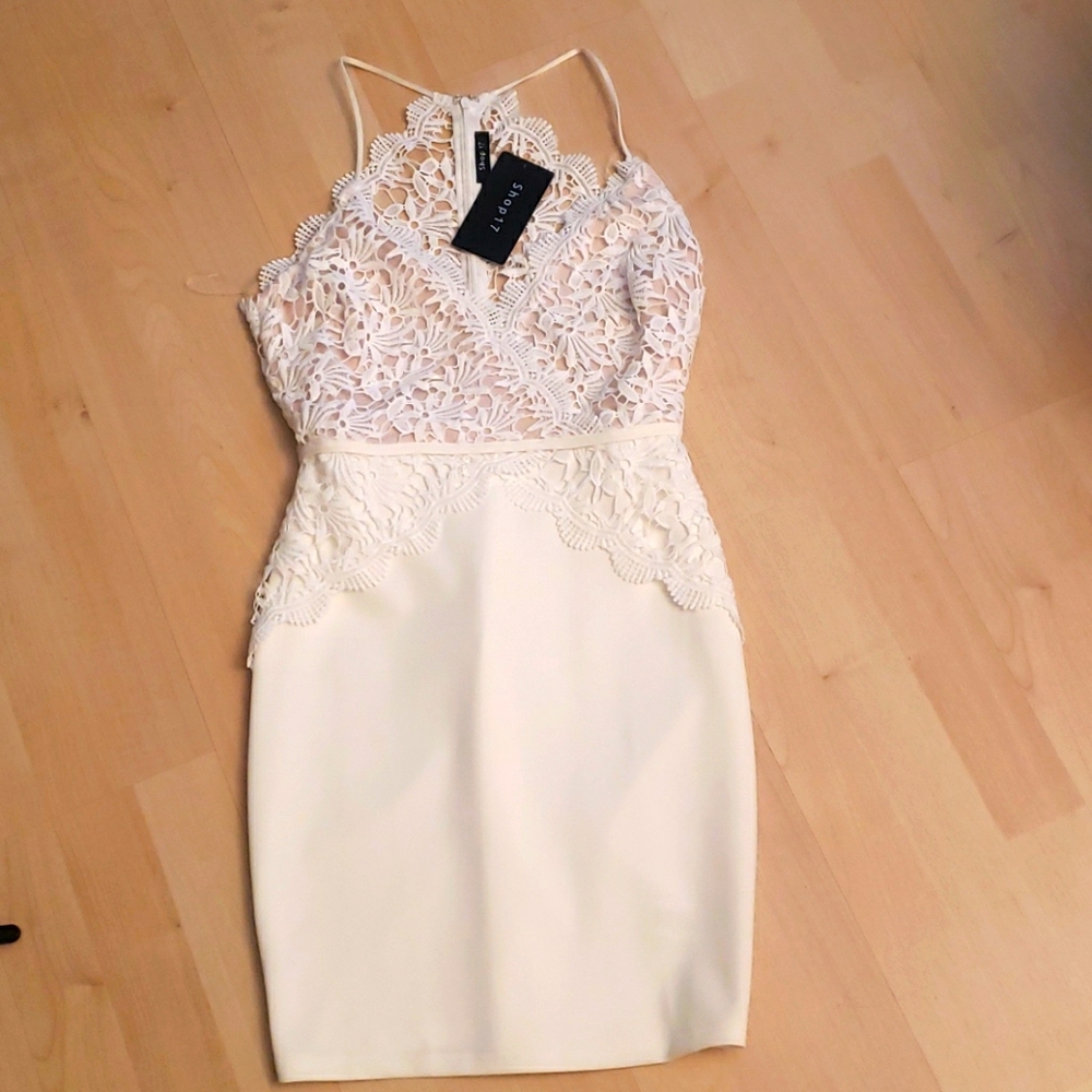 Cream lace top solid bottom mini dress